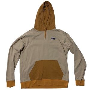 Patagonia Organic Cotton P-6 Label Pullover Hoodie Women’s Large Tan Color Block